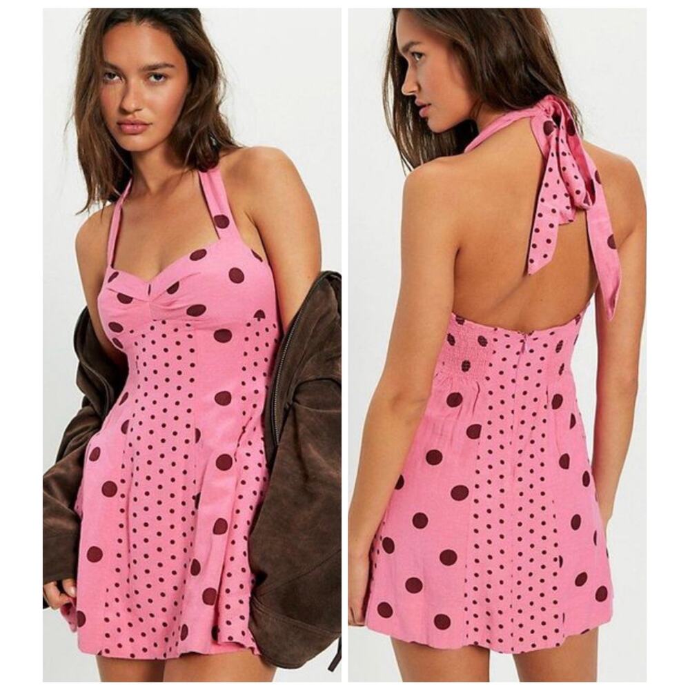 Free People Dear Dottie Halter 50s Pinup Retro Polka Dot A-Line Mini Dress Small